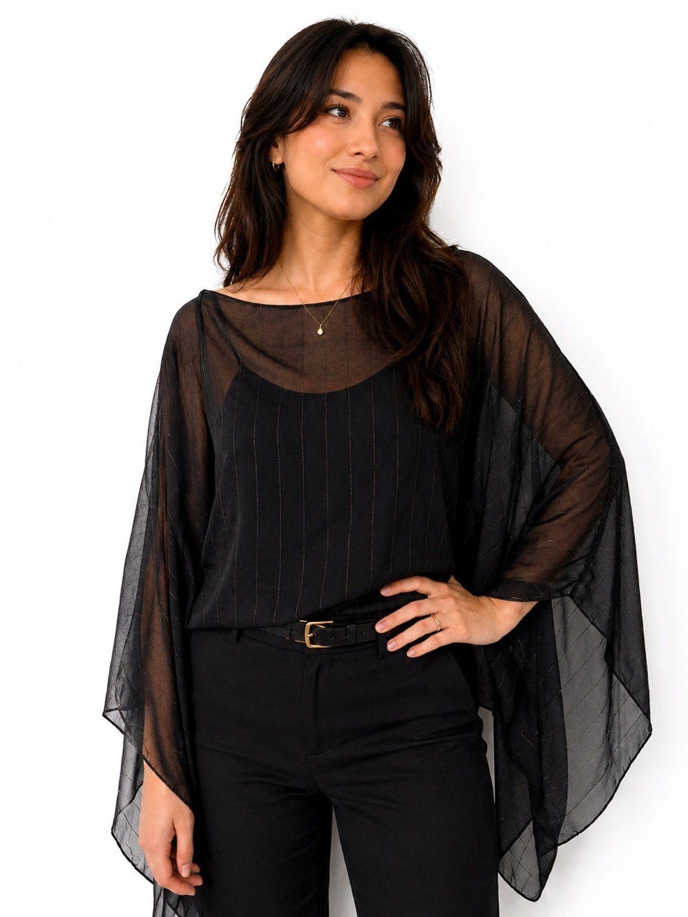 Sheer Black Batwing Top - Elegant Evening Layer